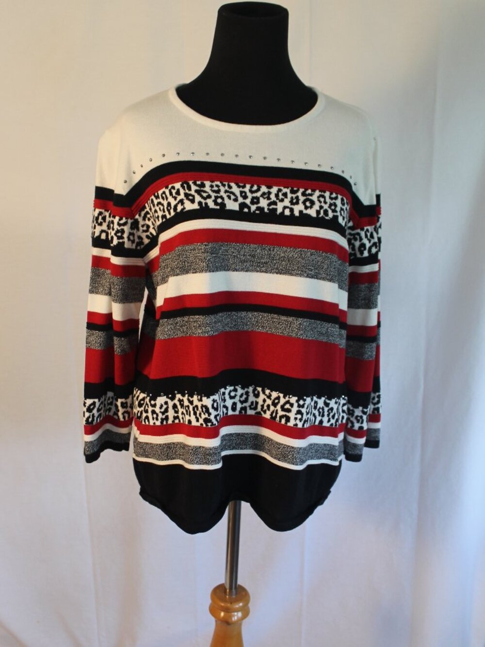 Alfred Dunner Striped Studded Sweater, Red Black Cream, Medium
